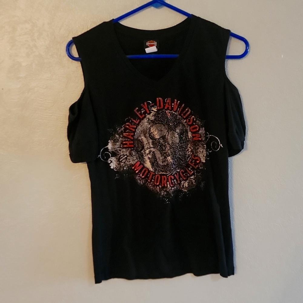 MEDIUM, BLACK HARLEY-DAVIDSON, COLD SHOULDER, T-SHIRT